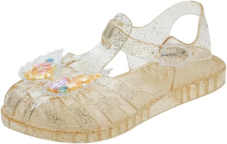 Детские сандалии для девочек с принтом бабочки Girl Jelly Sandals Kids Sequin Butterfly Princess Shoes Cute Closed Toe Summer Beach Flat Sandal with Ankle Strap, Gold