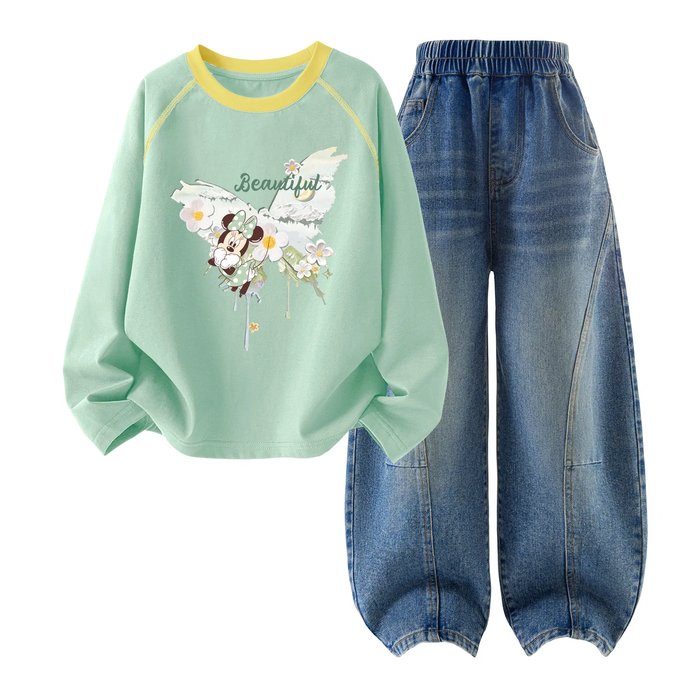 Детский комплект из футболки и шорт Disney, Цвет Butterfly Flower Spring Sprout Green+Solid Color Denim Blue