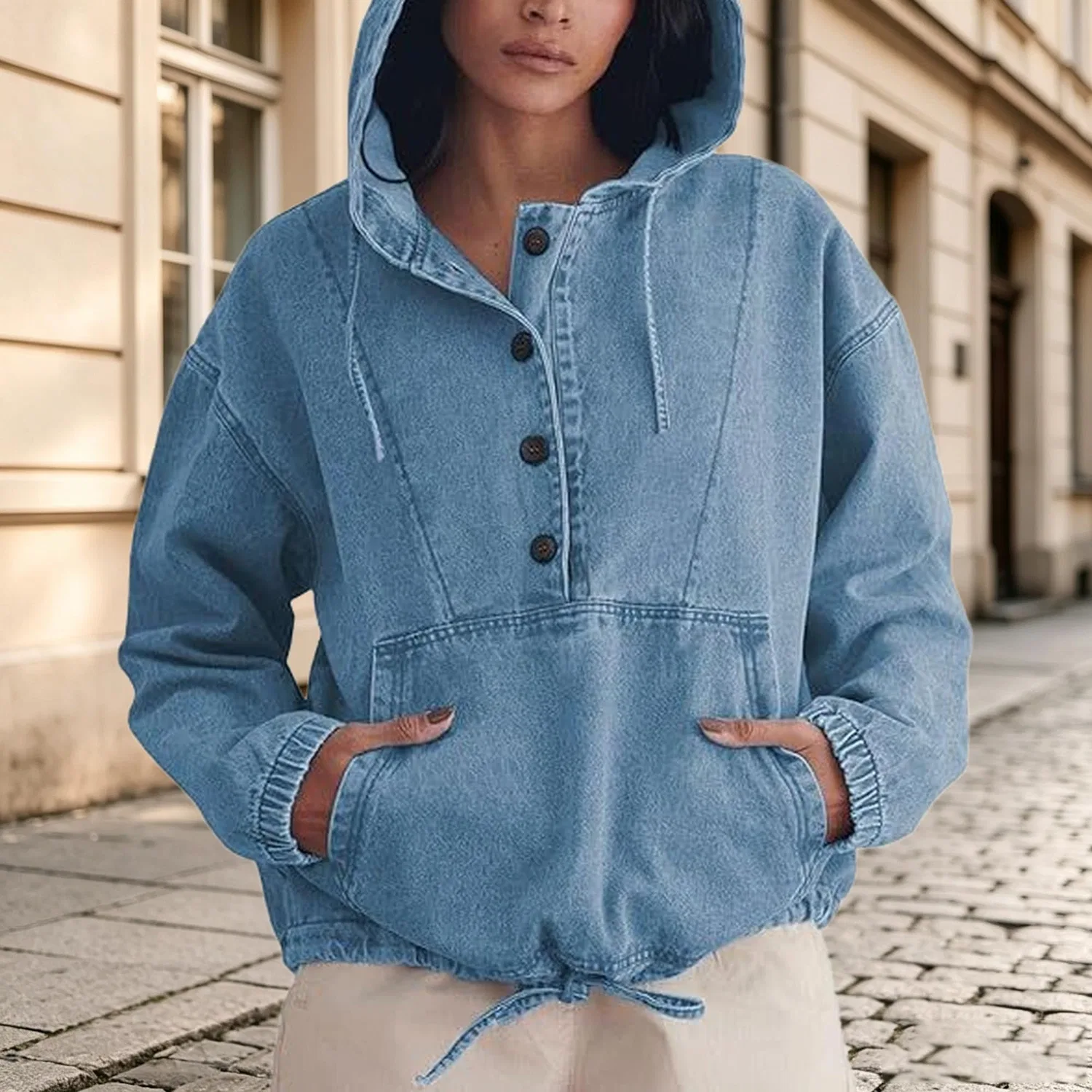 Женская джинсовая куртка oversize с капюшоном и длинным рукавом, Blu — фото 3