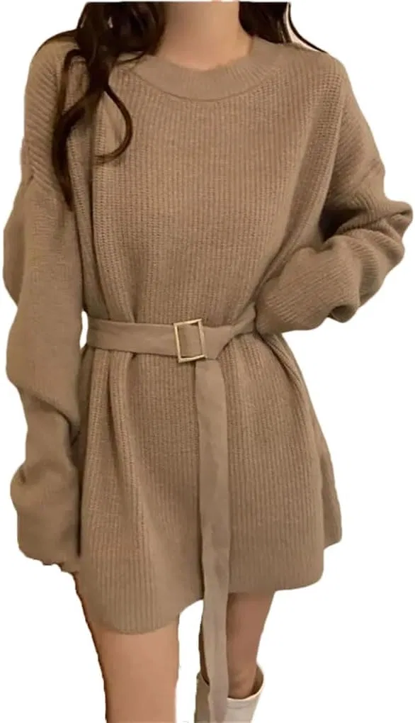 Женское свободное платье-свитер с поясом, Khaki