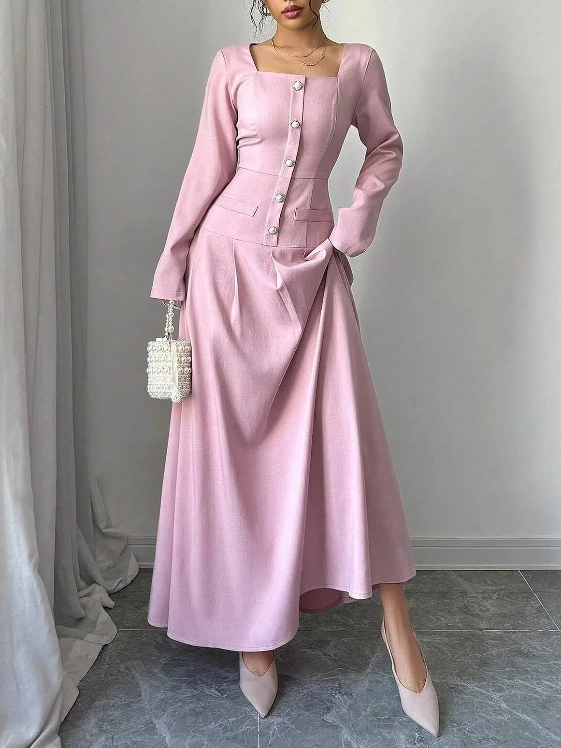 Женское платье A-силуэта с квадратным вырезом, Pink — фото 4