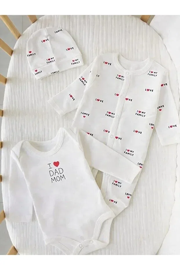 Детское боди-комбинезон с принтом I Love Family & I Love Dad Mom Baby Romper Bodysuit Hat Set Biyan Collection, White