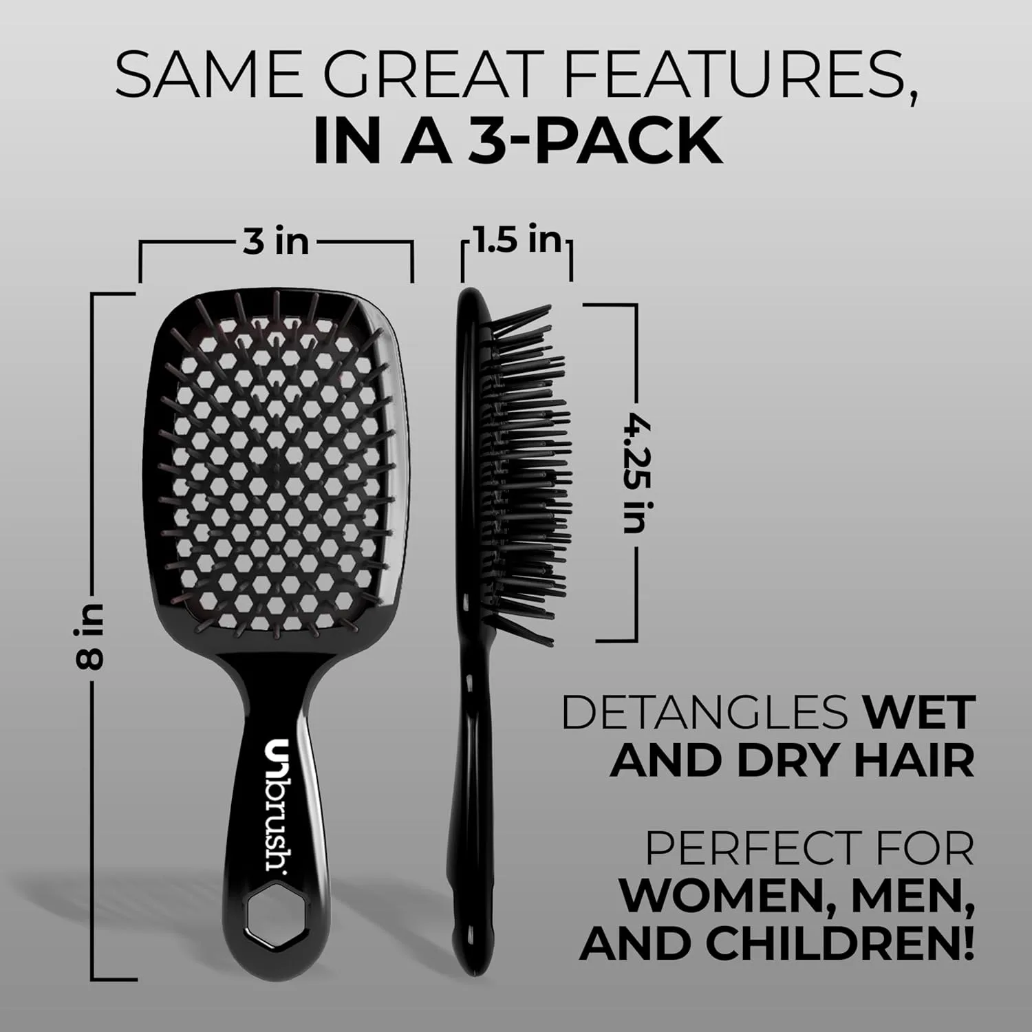 FHI Heat UNbrush расческа для распутывания волос (набор 3 шт) - для всех типов влажных и сухих волос - безболезненная щетка с антистатическими щетинками DuoFlex - легкая дорожная расческа (Original Black), Black,Blue — фото 4
