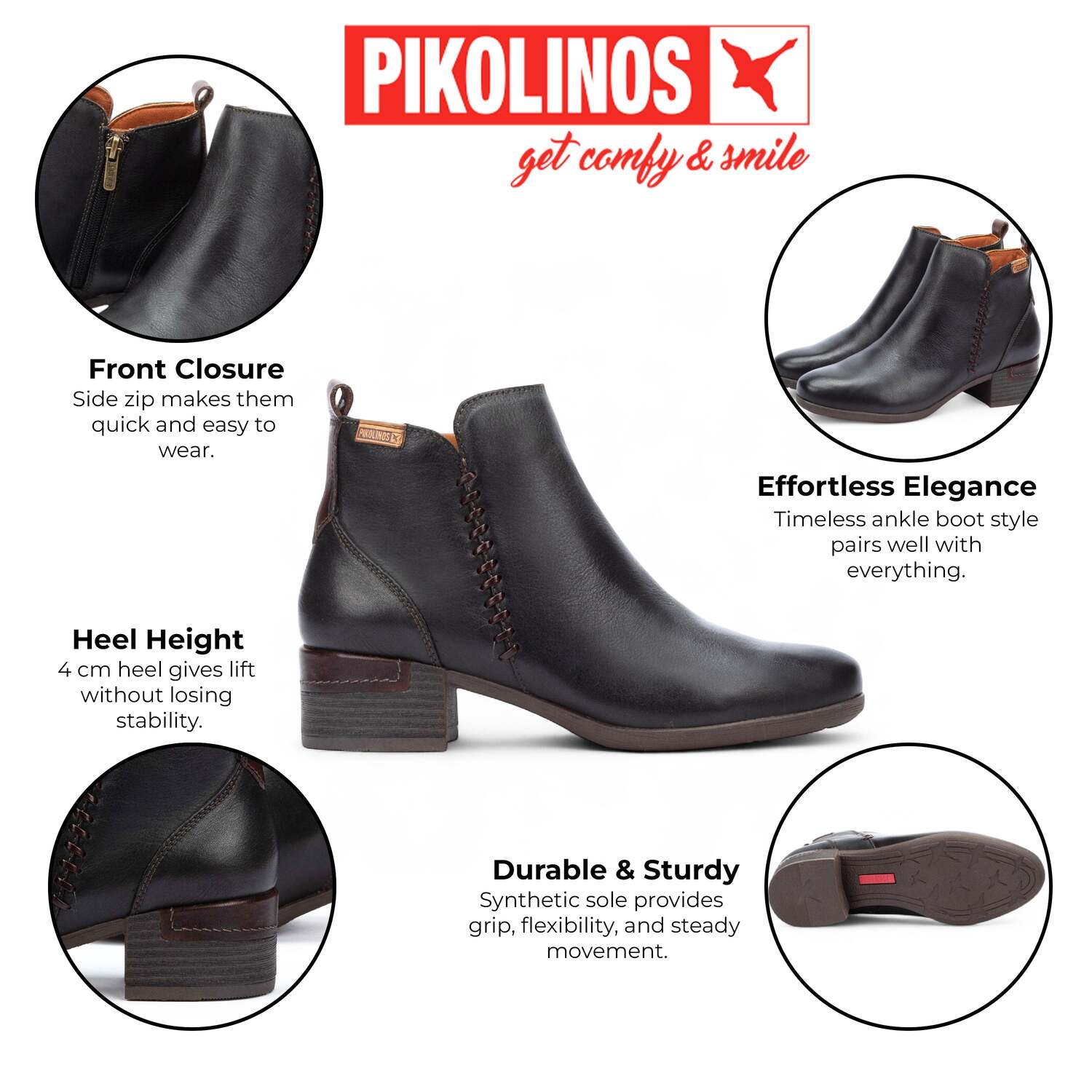 Pikolinos женские черные кожаные ботильоны на каблуке с молнией - Malaga — фото 2