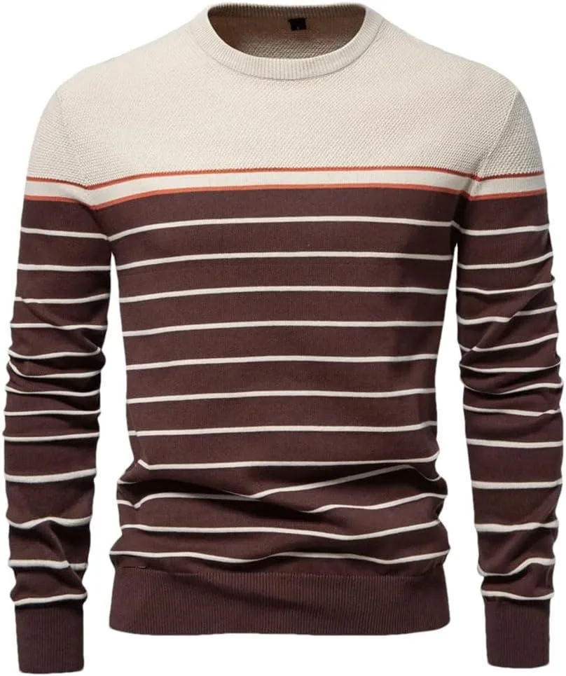 

Мужской свитер с круглым вырезом из хлопка — полосатый вязаный для осени и зимы