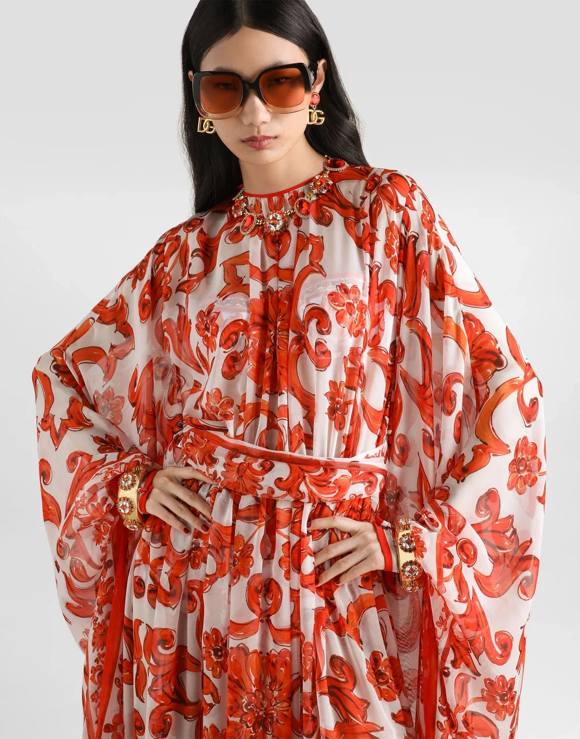 Длинное платье-кафтан с принтом «Майолика» DOLCE & GABBANA, бежевый — фото 4