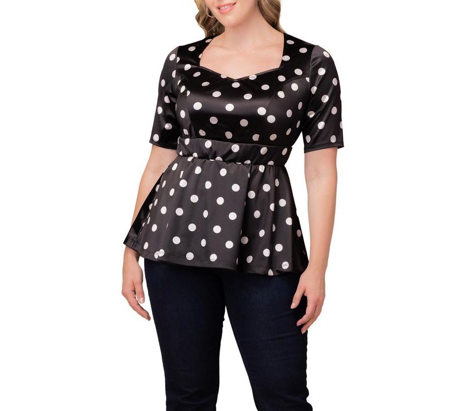 

Женская блузка большого размера с баской и вырезом в форме сердца Kiyonna, Black polka dot
