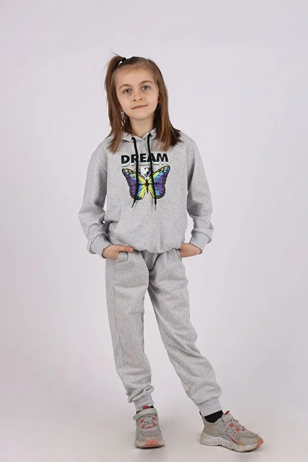 Детский комплект для девочек с принтом Butterfly print detailed hooded känguru pocket girl's tracksuit set Incitekstil, Griy
