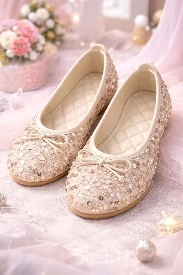 Детские балетки для девочек с бантом Slipcat, Sequined Cream