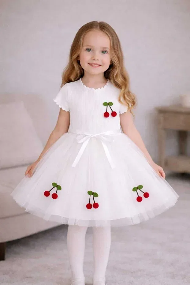 Детское платье для девочек с коротким рукавом Lulu cherry Şirin Şeyler Butiği, Cherry-White-Short