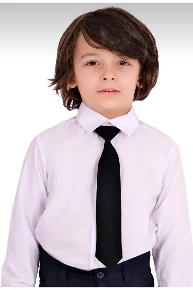 Детская рубашка для мальчиков однотонная с галстуком Generic Brands, White-Black — фото 2