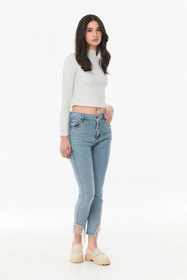 Детские джинсы для девочек прямого кроя с высокой посадкой Stoned high waist straight fit girl's jeans Fulla Moda, Blue — фото 3