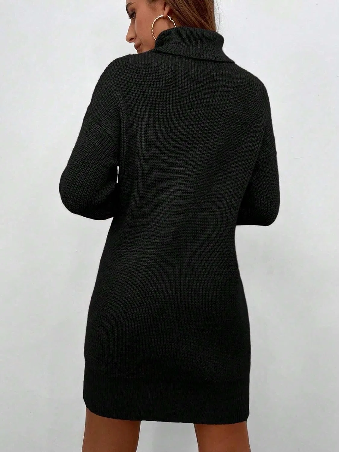 Женское короткое платье с высоким воротом Drop Shoulder, Black — фото 2