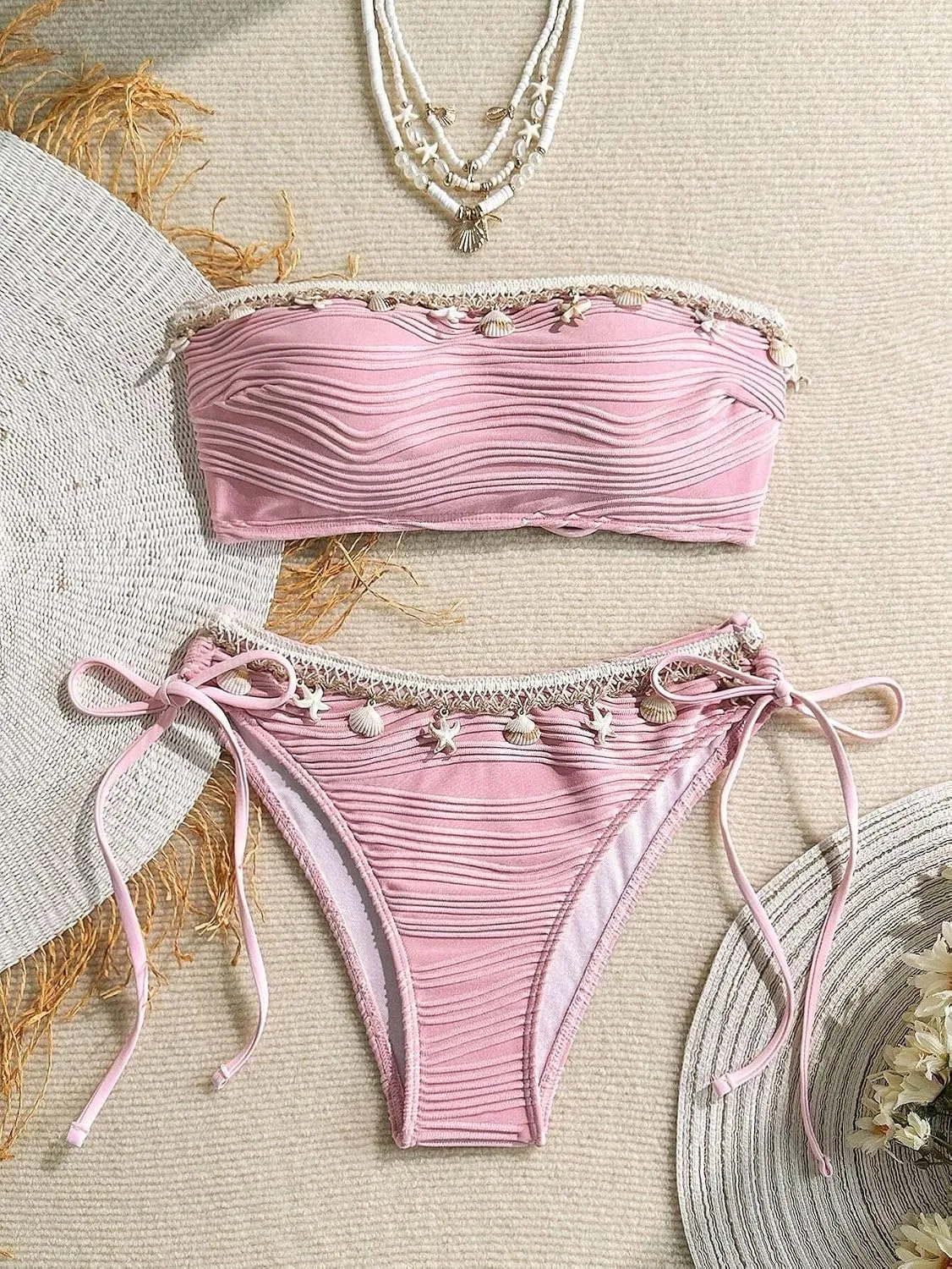 Женский бикини-сет с высокой талией, кружевной завязкой, Pink — фото 4