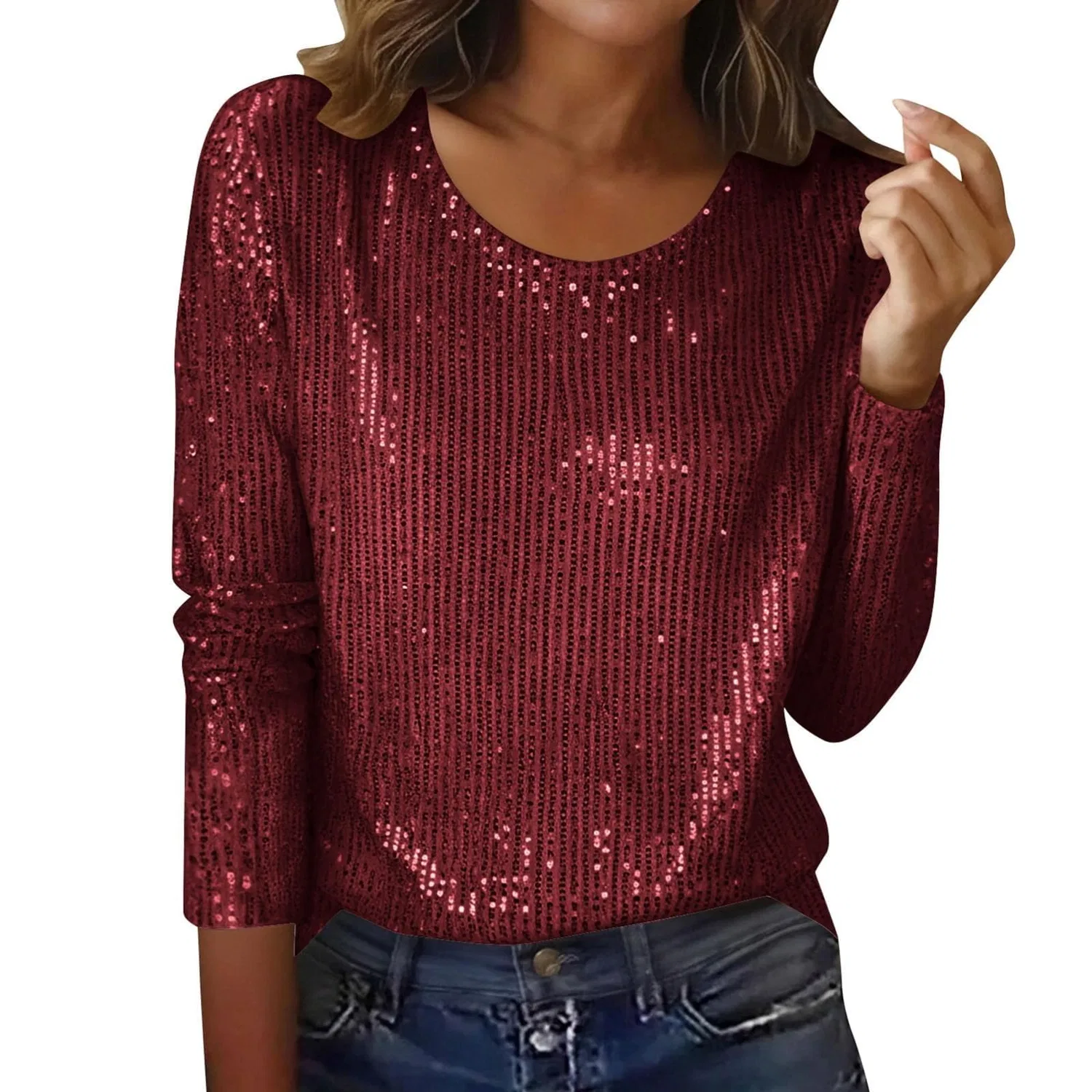 Женская блестящая блузка с длинным рукавом Sequin Tops, 30b-wine