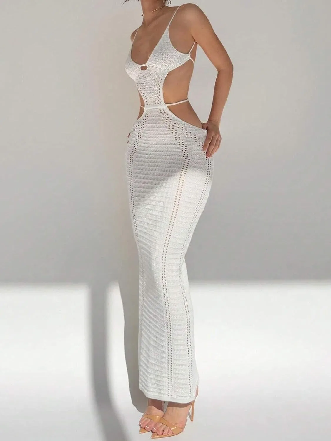 Женское сексуальное длинное платье без рукавов с открытой спиной Knitted, White — фото 2