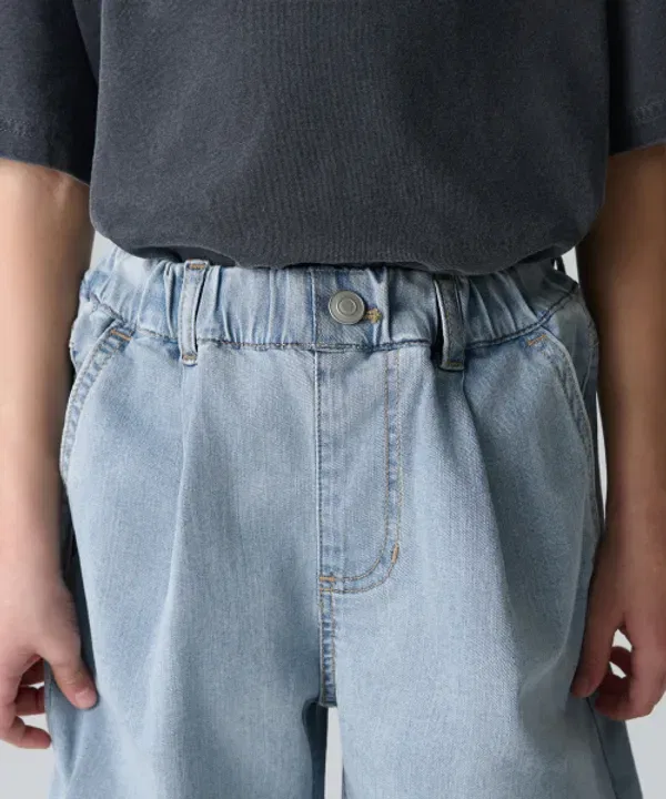 Шорты джинсовые с одним защипом, широкие на резинке, Musinsa Standard Kids, light indigo — фото 3