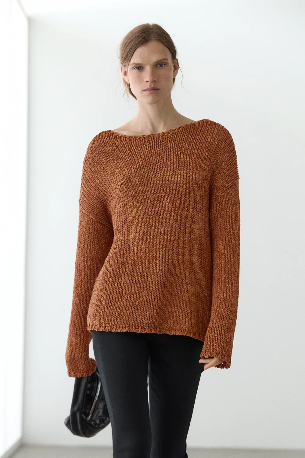 Свитер из смесовой хлопковой ткани с ажурной отделкой Massimo Dutti, Burnt Orange — фото 2