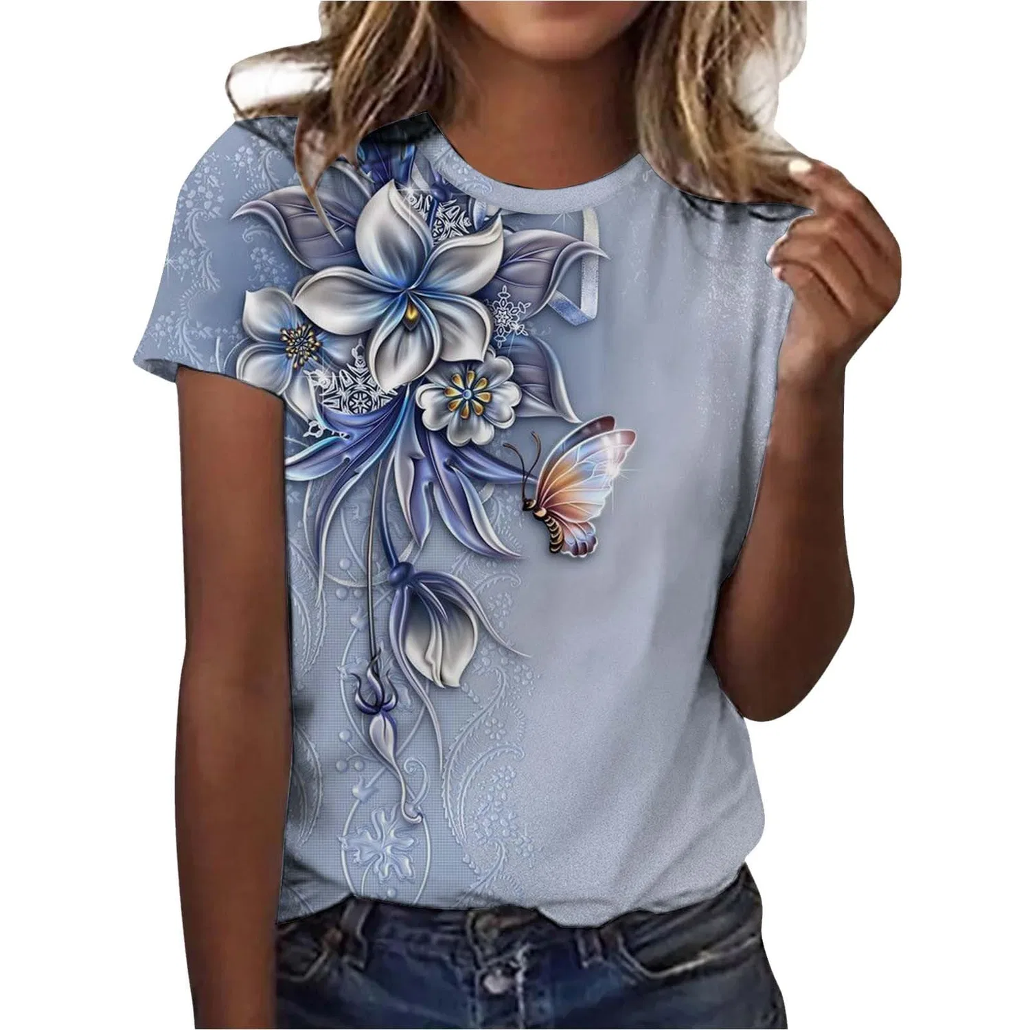 Женская майка с длинным рукавом Women's Fashion Leisure Long Cotton Pyjamas 3D Print Round Spring Summer Short Top, Blu-f