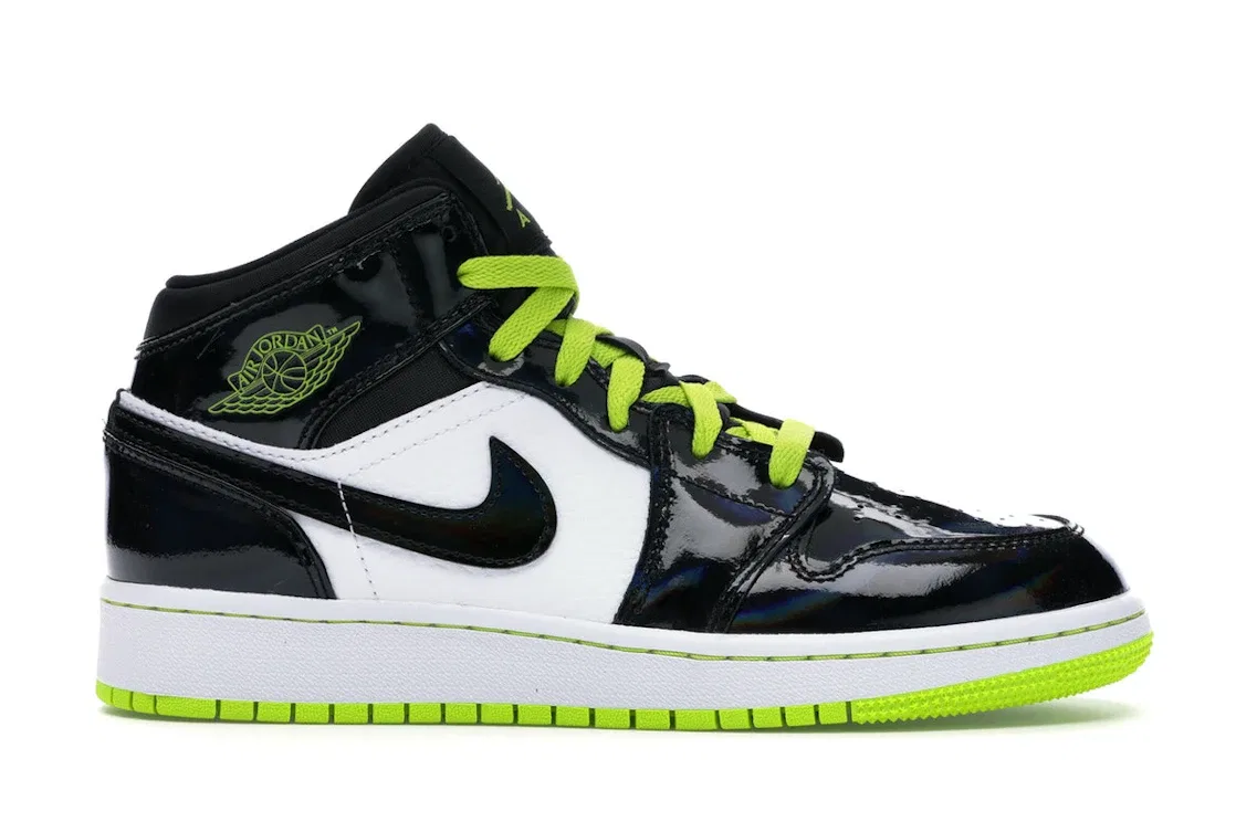 Детские кроссовки с белой кожаной основой Jordan 1 Mid Jordan, Black/Cyber-White-Mystic Green