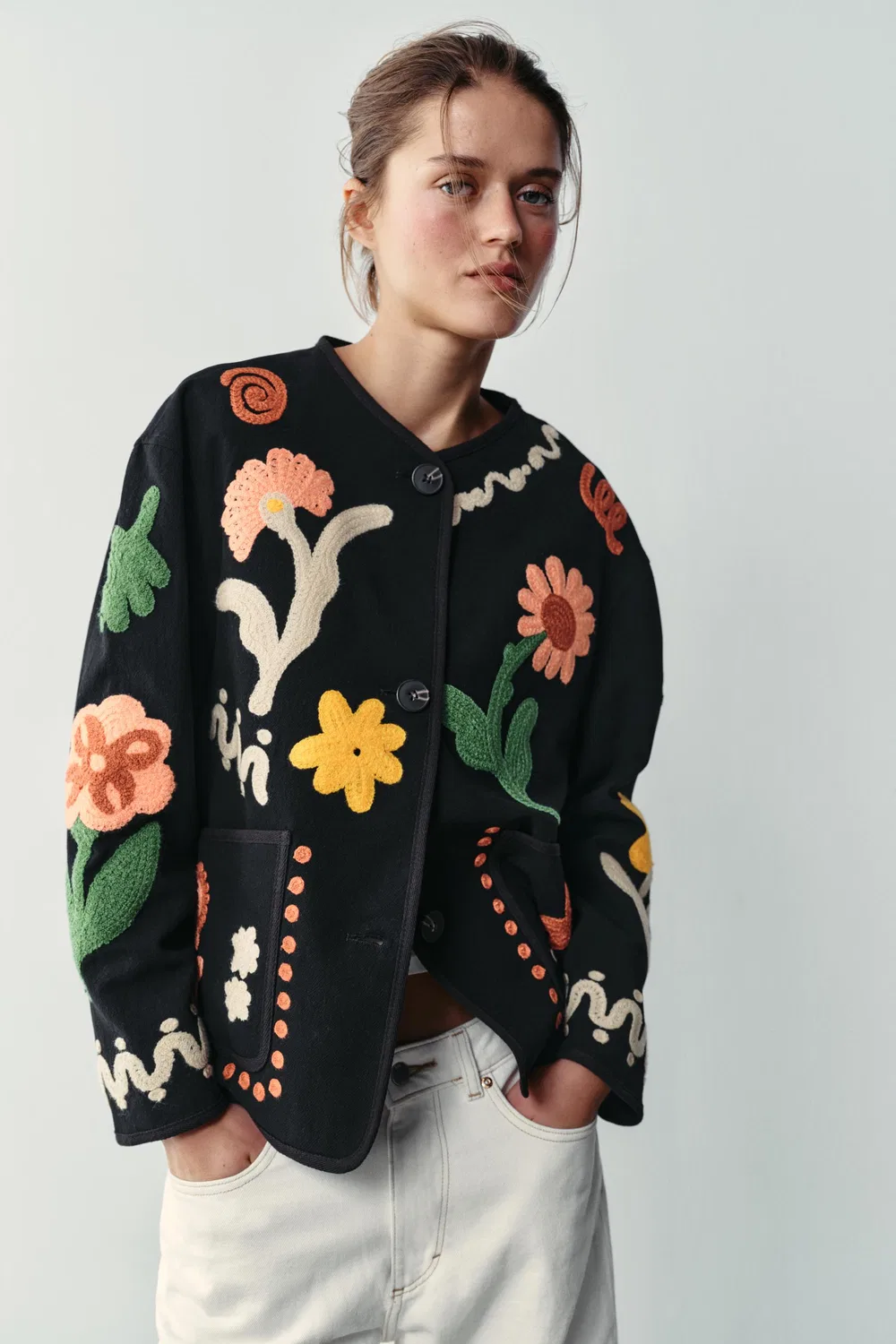 Куртка с цветочной вышивкой ZARA, Black — фото 2