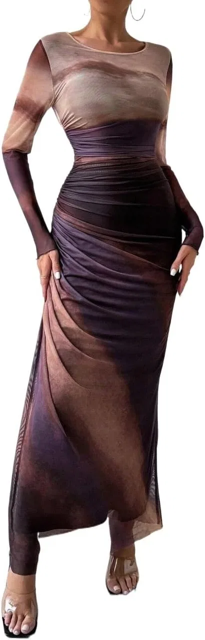 Женское платье макси с длинным рукавом Bodycon, Maroon