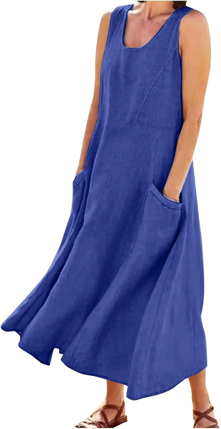 Женское летнее платье-миди с квадратным вырезом, Cotton Linen, C09-blue