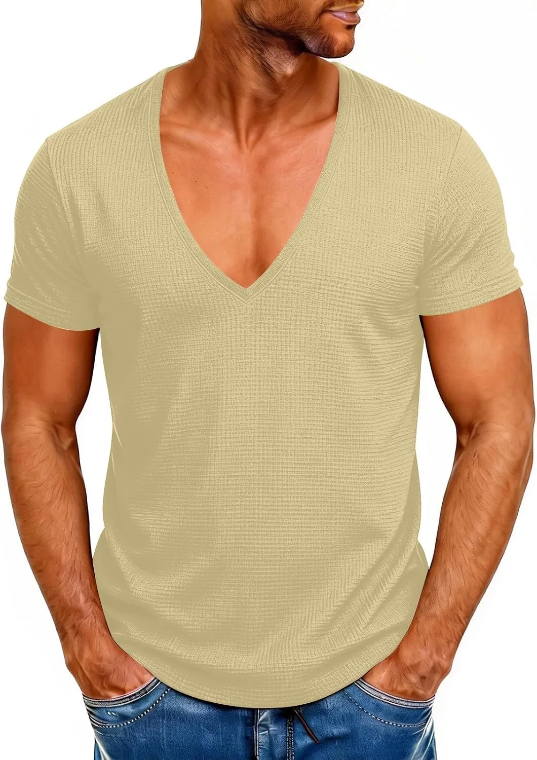 Мужская футболка с вафельной текстурой V-образным вырезом, Beige