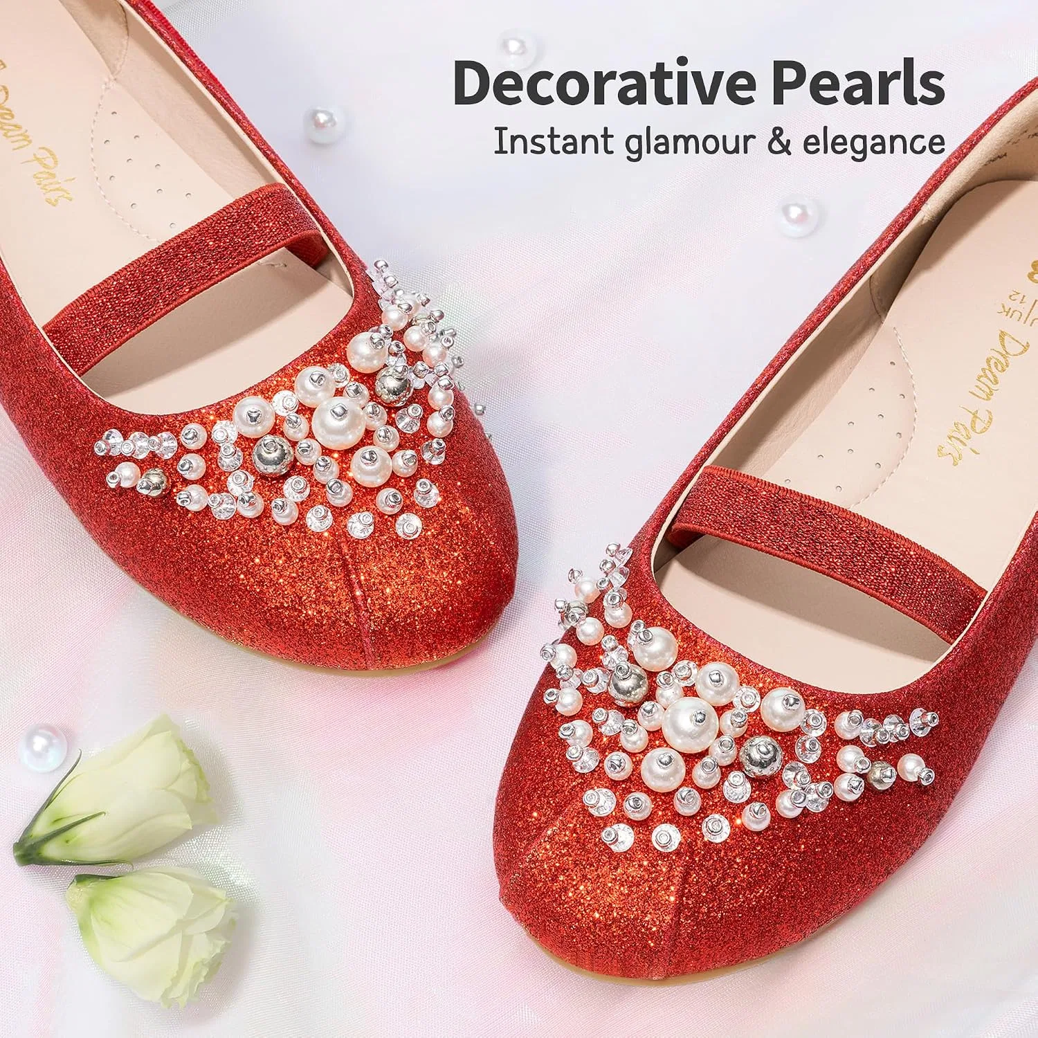 Детские балетки для девочек с цветочным принтом Mary Jane DREAM PAIRS, Red/Glitter — фото 4