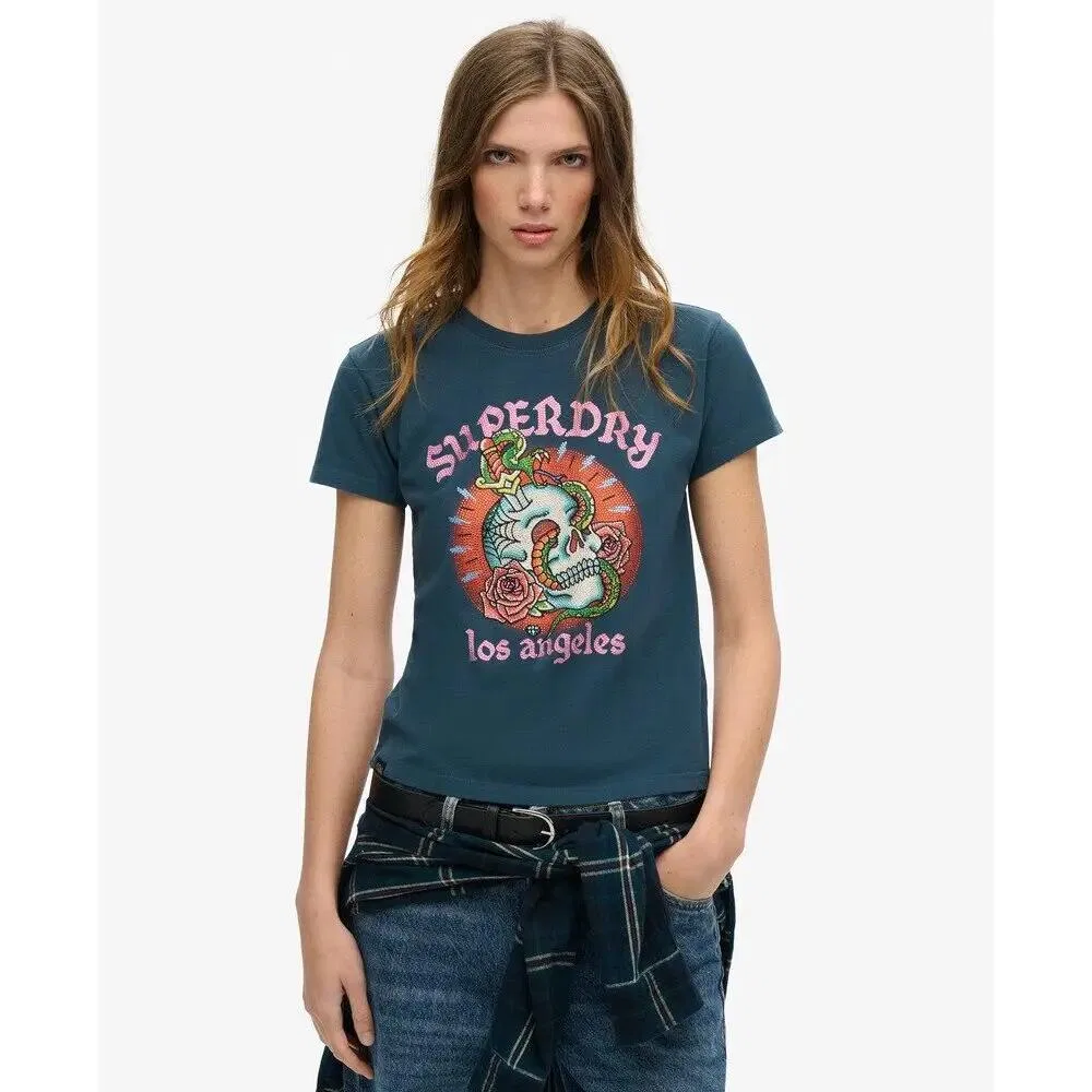 Женская облегающая футболка с принтом T-Shirt mit Strass und Tattoo-Effekt Superdry, Midnight Indigo — фото 3