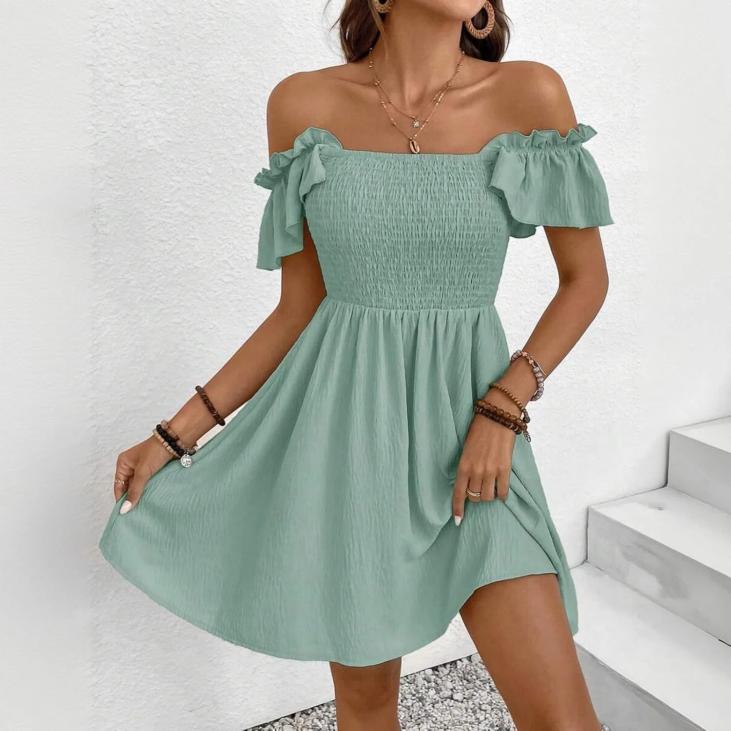 Женское летнее платье-трапеция с воланами Smocked, Green — фото 4