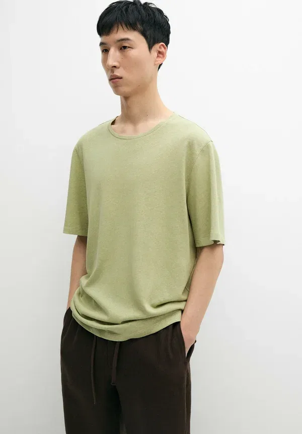 Футболка из льна и хлопка Basic t-shirt Massimo Dutti, зеленый