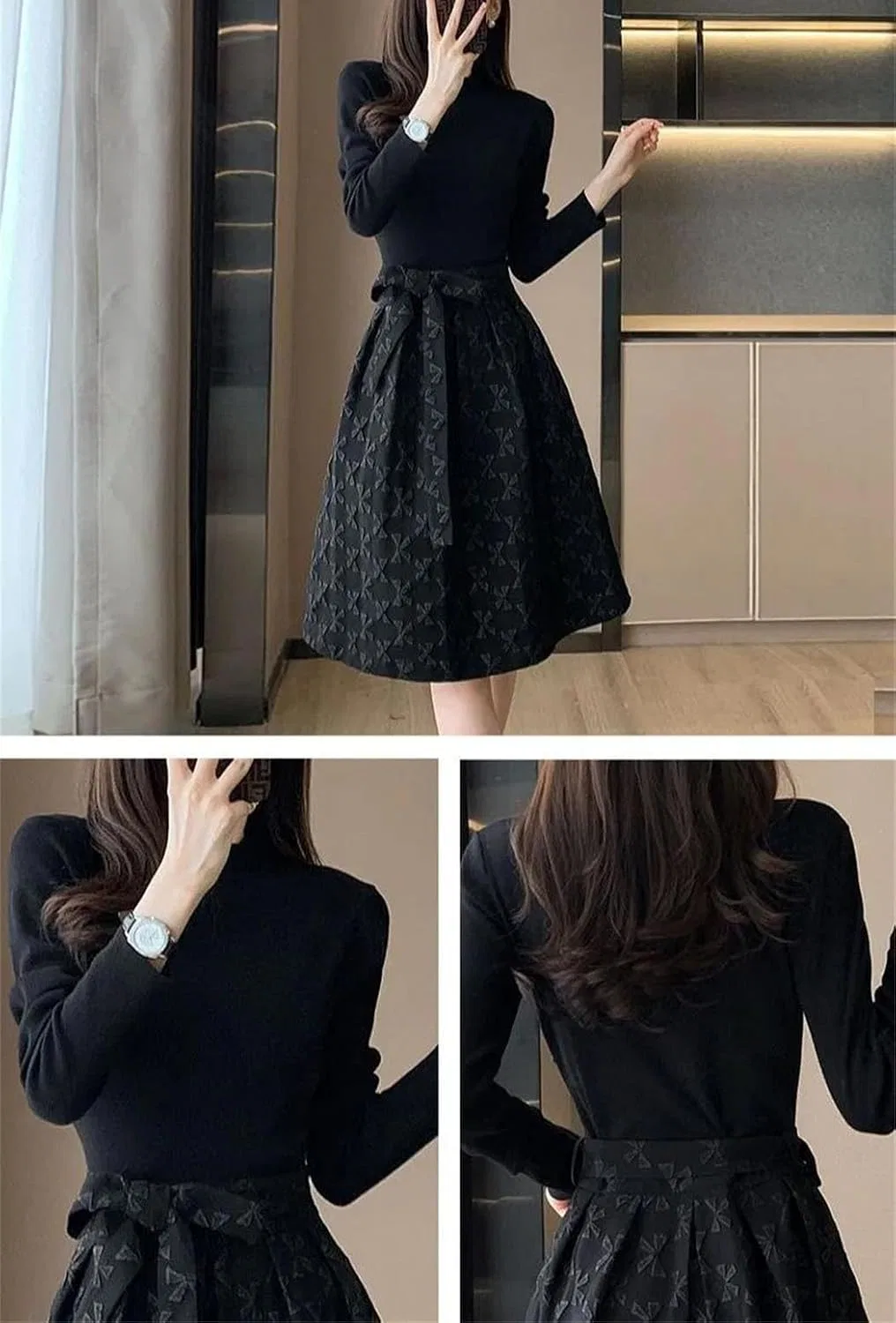 Женское длинное платье мини с бантом Korean Fashion, Black — фото 3