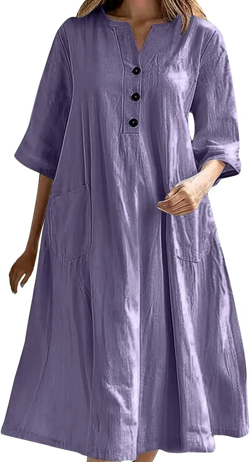 Женское летнее льняное платье макси с пуговицами, Purple