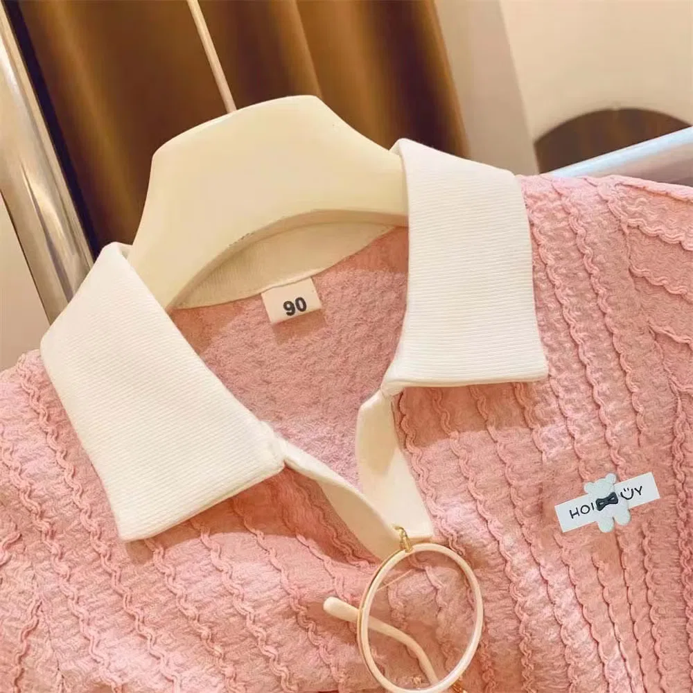Комплект для девочки с коротким рукавом и шортами, модель Polo Collar, General, розовый — фото 2