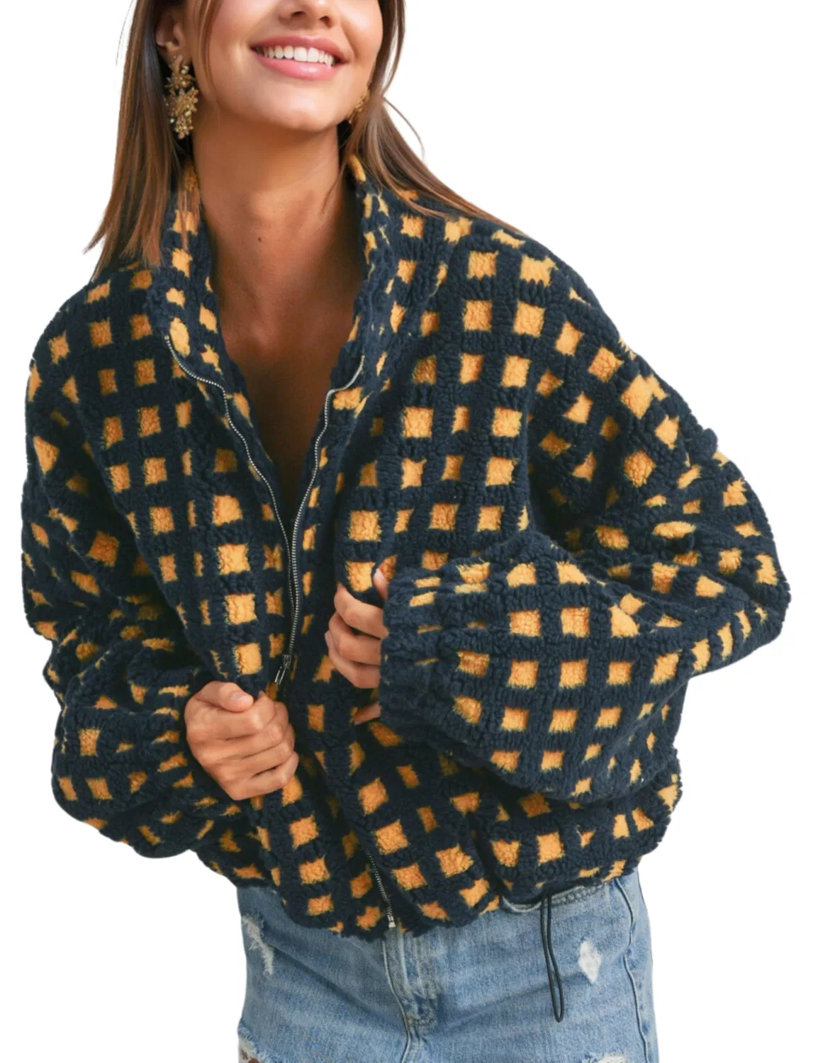 Женское пальто с принтом в клетку Ladies Short Checked Sherpa Coats, Arancione