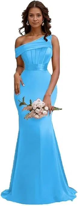 Вечернее платье с одним плечом и корсетом русалка Satin, Blue