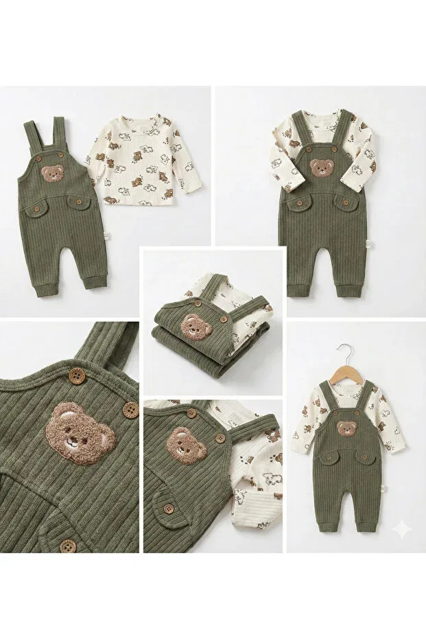 Детский комплект боди и комбинезона с вышивкой Teddy bear embroidered salopet and bodysuit baby set - ribbed, long sleeve, casual comfortable 2-piece set Myzi Store, Khaki