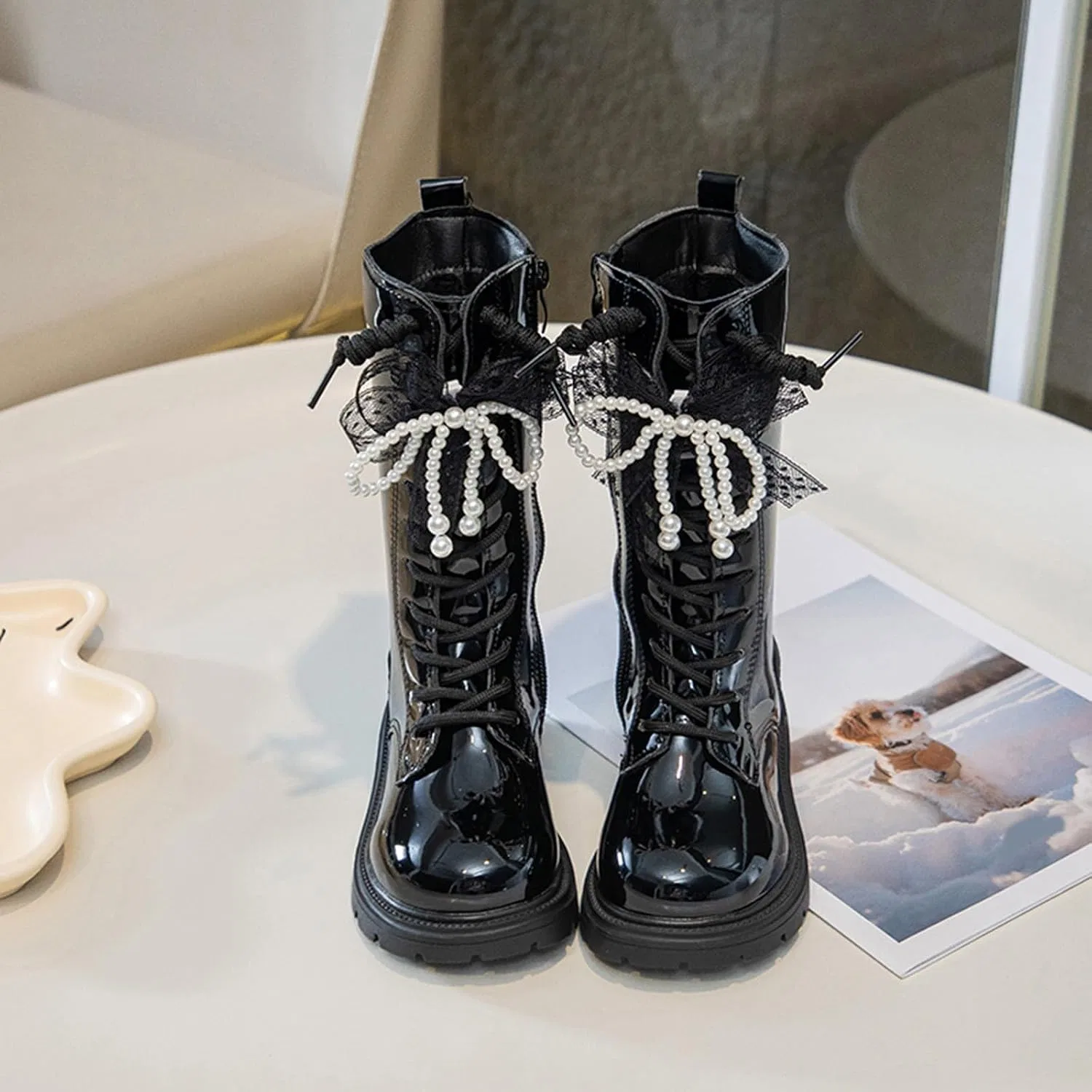 Детские сапоги для девочек с бантом, модель Shiny Dress Boots, Black — фото 4
