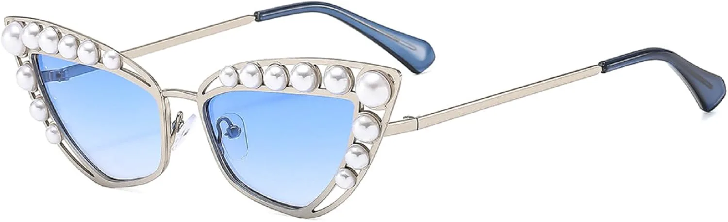 

Роскошные солнцезащитные очки с бриллиантами и жемчугом для женщин, модель «кошачий глаз», винтажные солнцезащитные очки в металлической оправе mincl, Blue