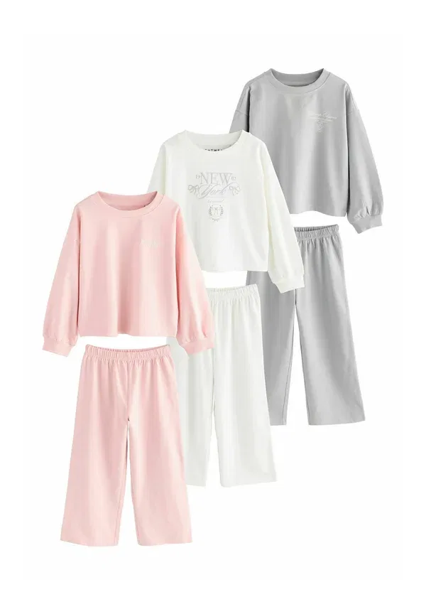 Комплект пижамы из 3 предметов, хлопок, pyjama set, Next, Pink/Ecru/Grey, розовый/серый/кремовый