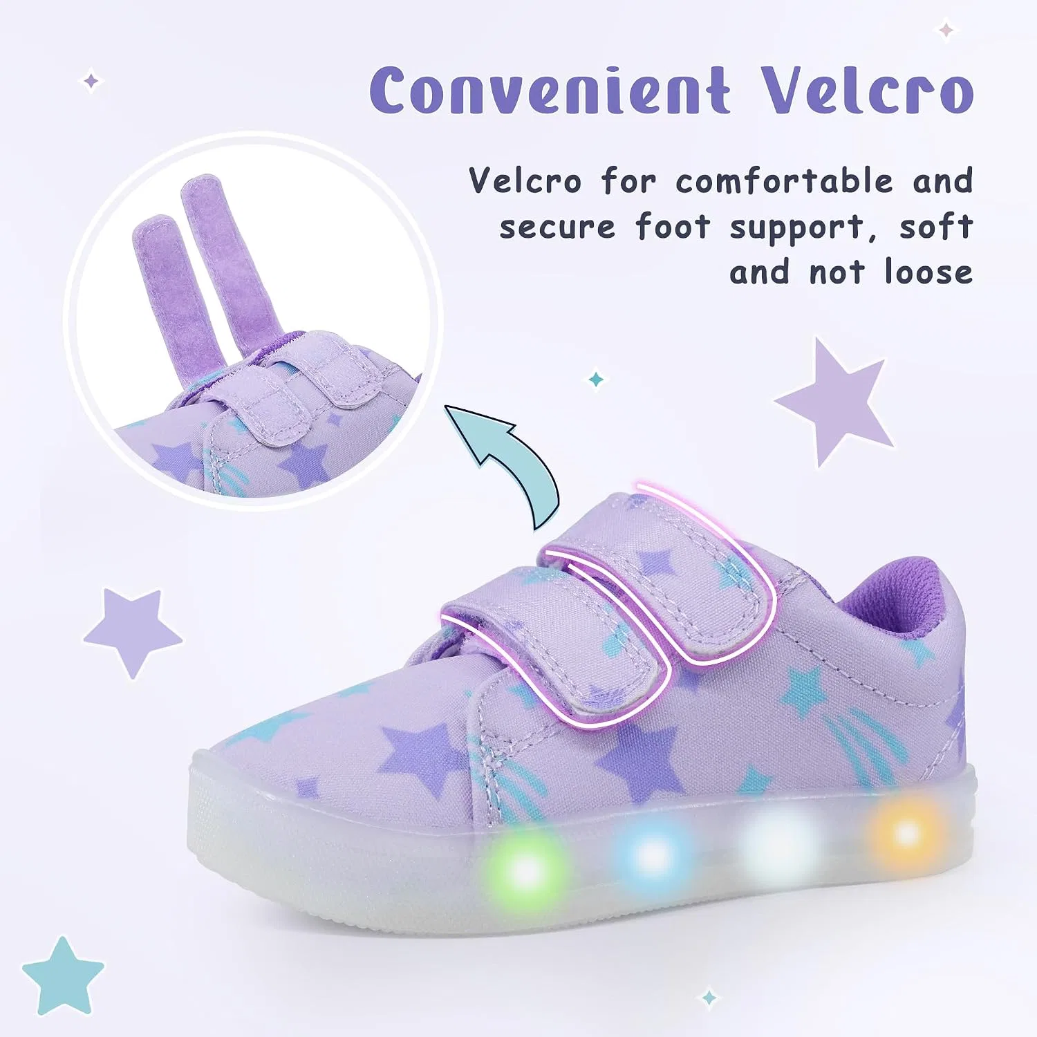 Детские кроссовки для девочек со светящейся подошвой Vivaki YESKIS, Purple Star Light Up Shoes — фото 3