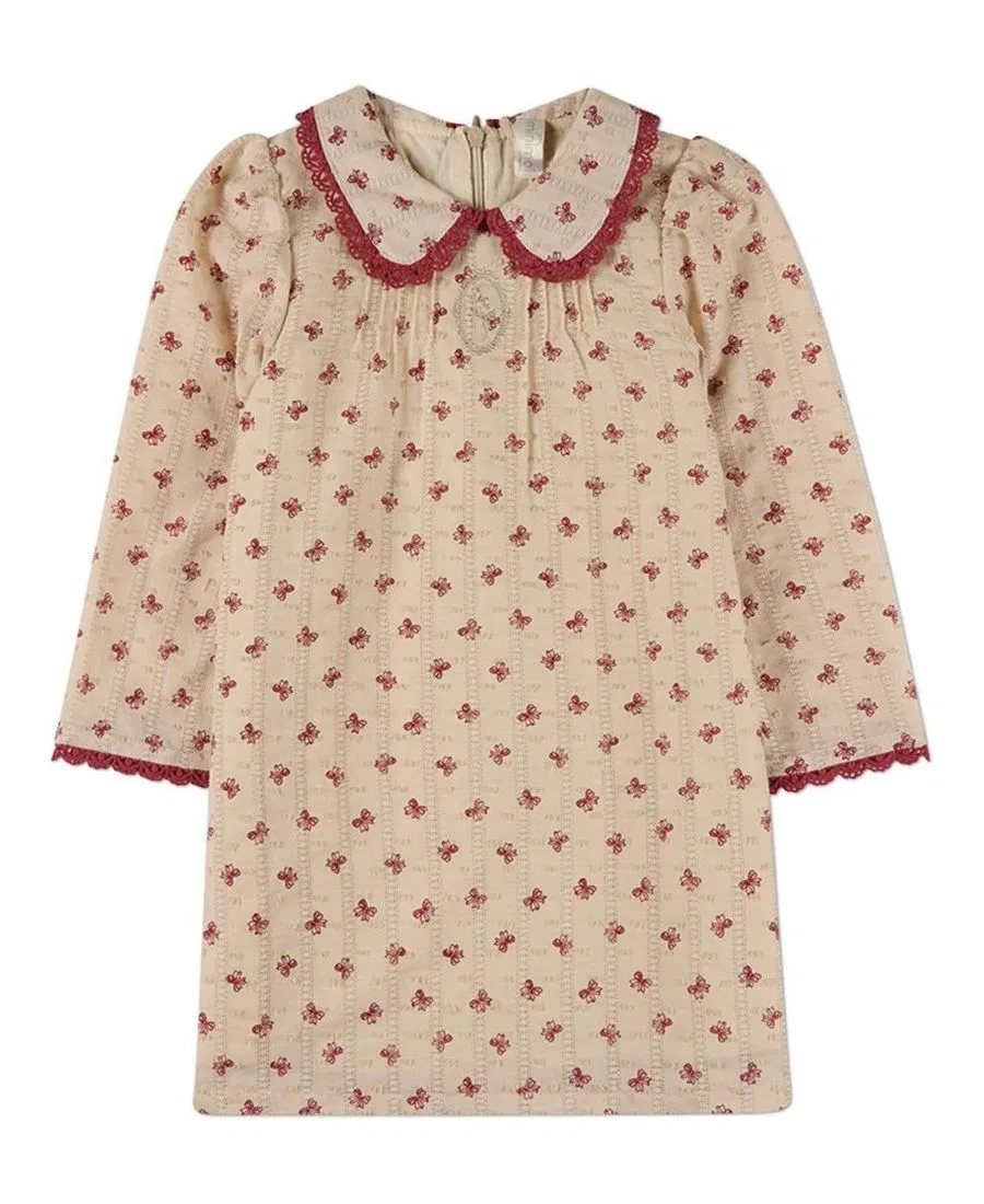 Платье с вышитым бантом из 100% хлопка с кружевной отделкой, Little Girls Embroidered-Bow 100% Cotton Pointelle Lace-Trim Mini-Print Dress MeMoi, Red Bud