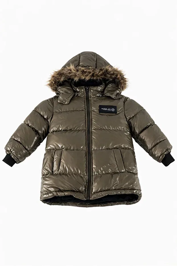 Детское зимнее пальто-пуховик для девочек с капюшоном Fur Hooded Boys' Puffer Coat - Shiny Khaki Winter Parka Jaju Baby, Khaki Green
