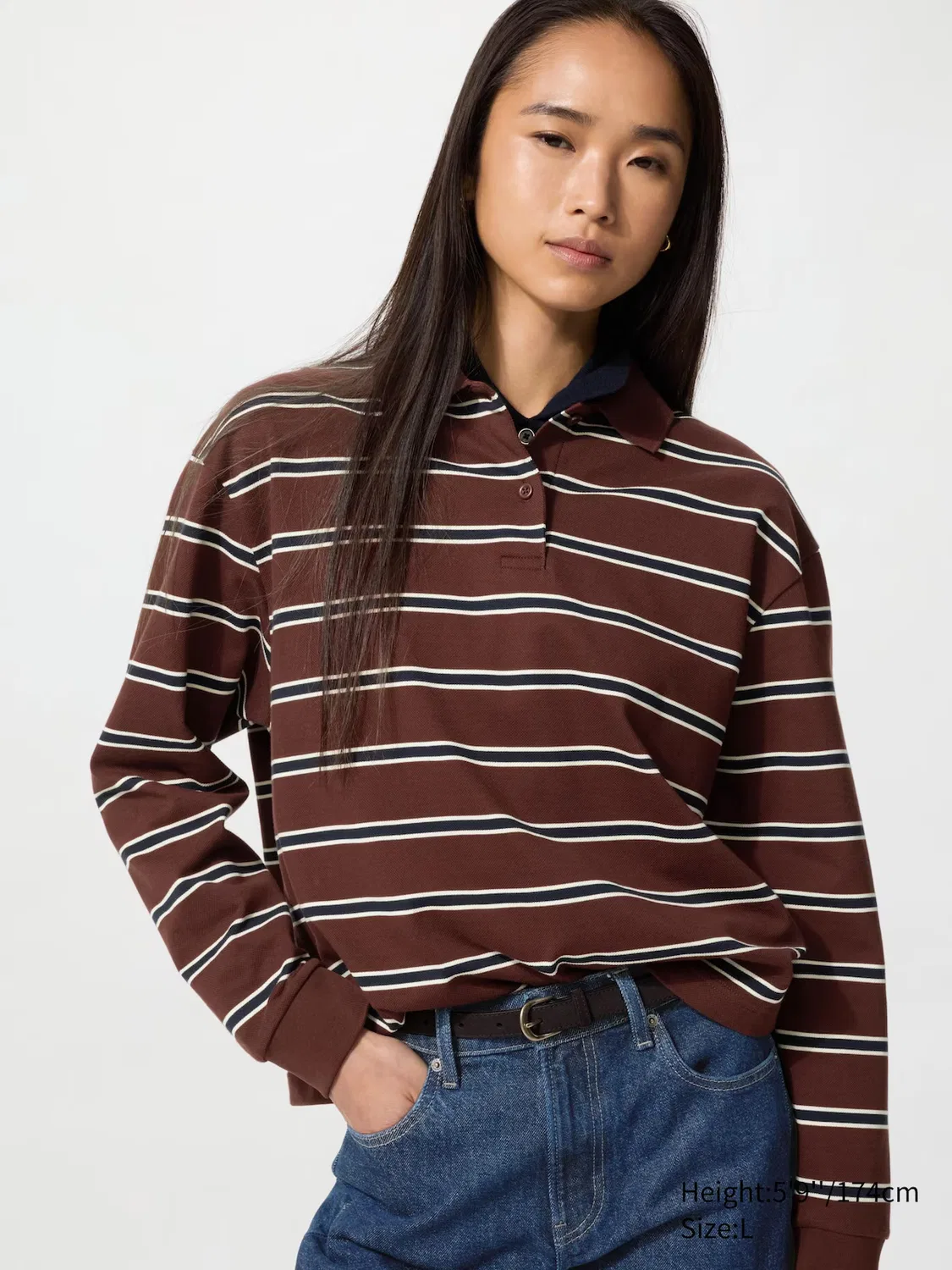 Рубашка поло Uniqlo, с длинным рукавом в полоску, темно-коричневый