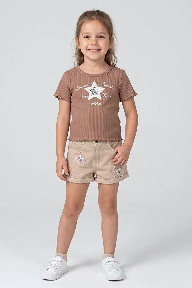 Детские шорты для девочек с высокой талией Dmb Boys & Girls, Beige — фото 3