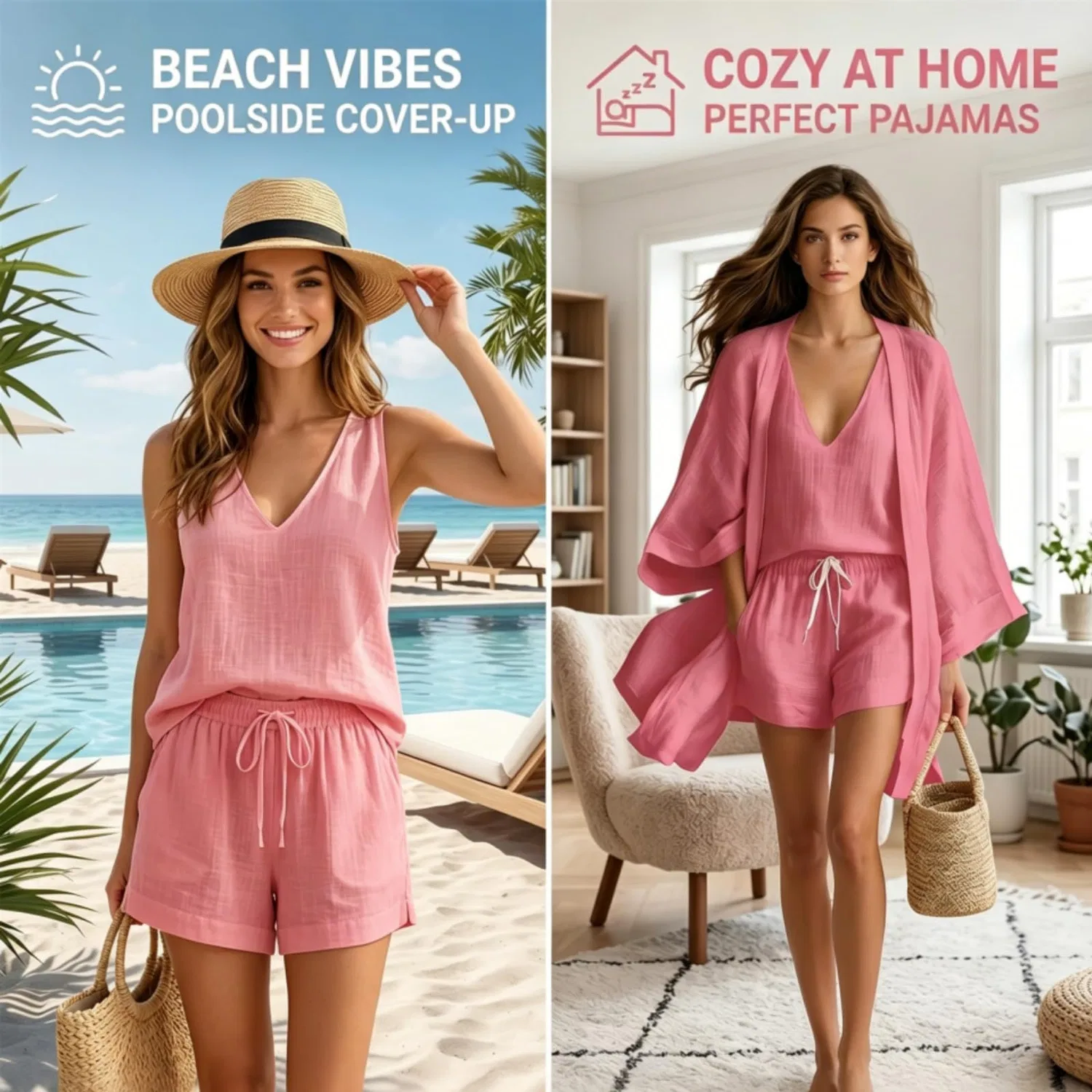 Женский комплект из кардигана и шорт с кулиской, Lightweight Layered Three Piece Set, Pink — фото 4