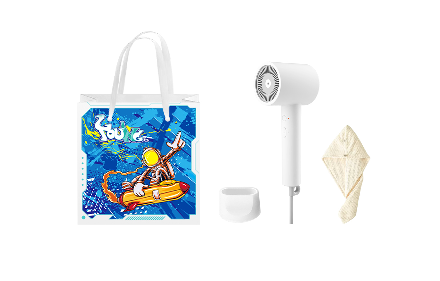 

Фен для волос Mi, Exclusive gift for boys (blue and white planet gift bag + dry hair hat)