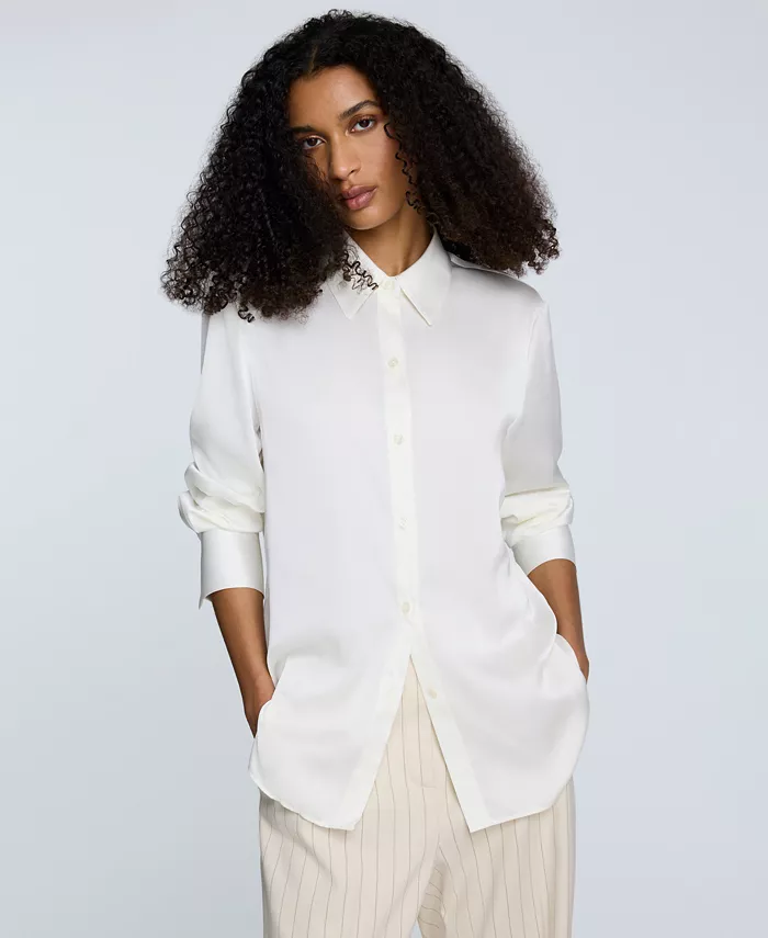 

Женская атласная рубашка на пуговицах спереди Kenneth Cole, коричневый/бежевый