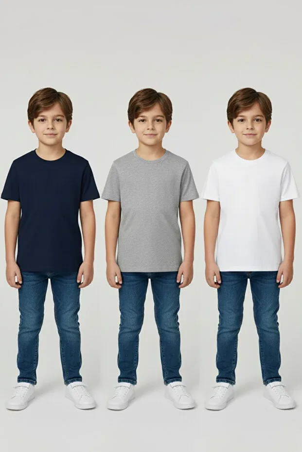 Детский комплект футболок для мальчиков хлопковый Basics Atölye Kids, Ecru Gray Navy Blue — фото 3
